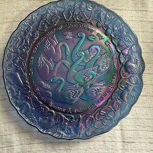 1976 Imperial Glass Cobalt Blue Carnival Glass Plate - Seven Swans A Swimming